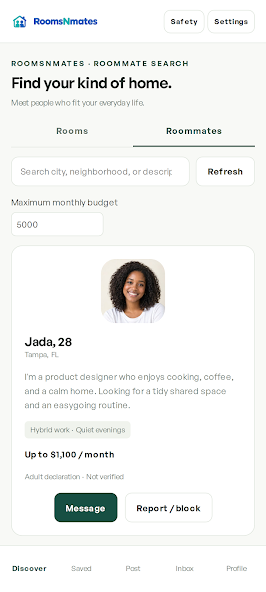 RoomsNmates app showing its roommate search, budget filter, and an example member profile